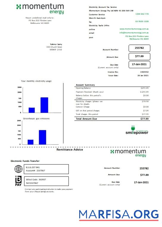 Realistic Australia Momentum Energy utility bill template
